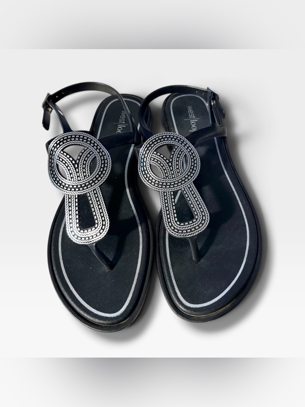 west loop Black Sandals with Silver Beaded Medallions